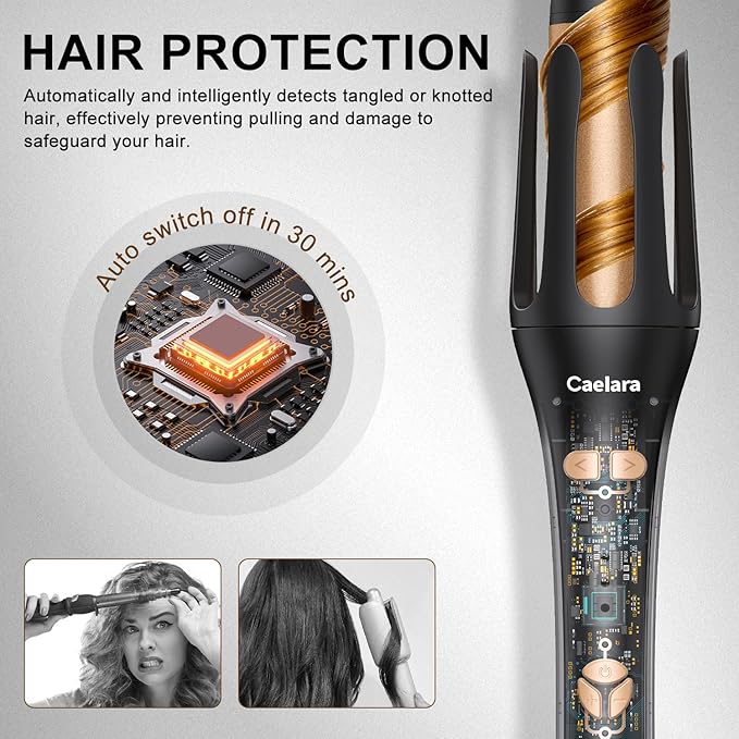 Automatic Curling Iron Beach Waves Curling Wand Portable Hair Curler3 Temperatures Fast Heating 2-Way Rotation Anti-Scald Anti-Tangle Rotating 30 Million Ionic Ceramic Coating (Black)