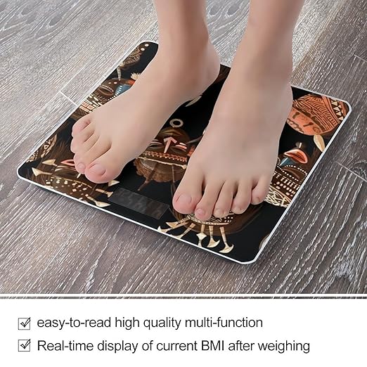 African Ritual Ethnic Tribal Scale for Body Weight Safe Rounded Corners Tempered Glass Digital Bathroom Scale LED Display 400lb Capacity Weight Scales with High Precision Sensors