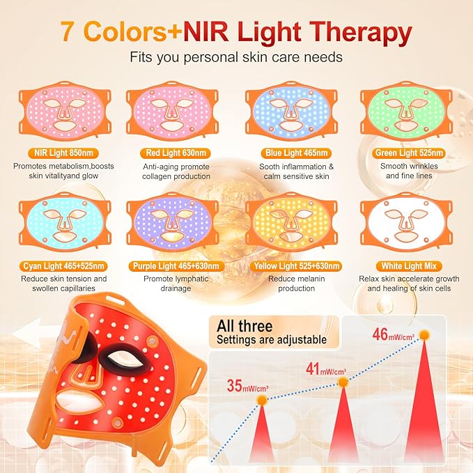 Red Light Therapy for Face Mask with Ice Compress 850nm Infrared Red Light Therapy 7+1 Light Modes Led Face Mask Light Therapy Level 5 Timing 3000mAh Led Mask Light Therapy for Home Orange