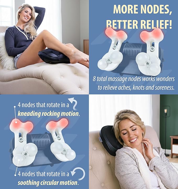 Zyllion Shiatsu Back and Neck Massager with Heat - 3D Electric Kneading Deep Tissue Massage Pillow with 8 Massaging Nodes for Muscle Pain Relief Black ZMA-25
