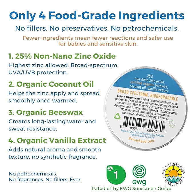 Waxhead Zinc Sunscreen for Face Mineral Sunscreen Kids Sunblock Reef Safe Non-Nano for Body