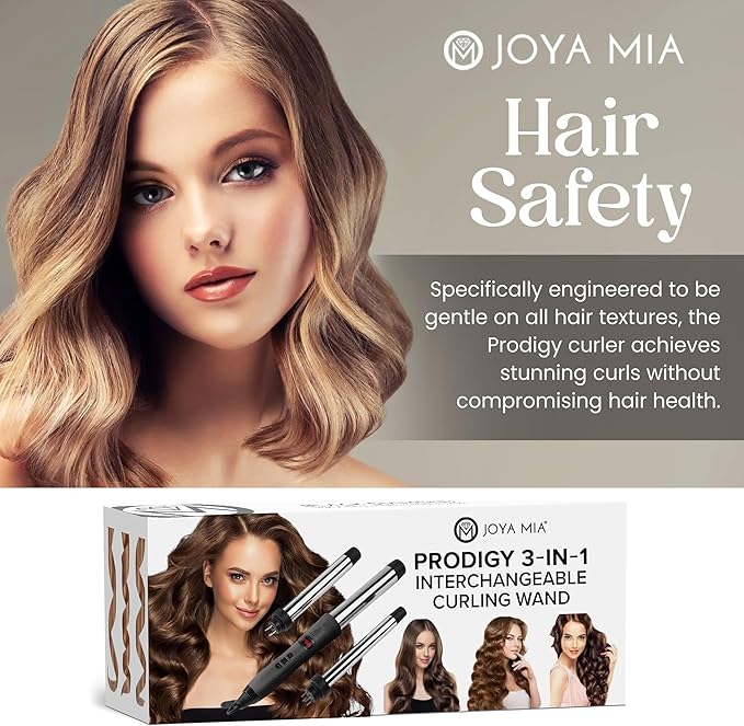 JOYA MIA Prodigy 3-in-1 Interchangeable Titanium Hair Curler - Professional Salon Long-Lasting Curls Hair Curling Tools Kit Durable and Easy-to-Use for Various Curl Styles Black
