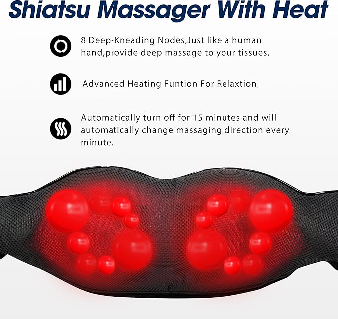 Shiatsu Neck and Back Massager with Heat Electric Deep Tissue Kneading Neck and Shoulder Massage Best Gifts for Women Men Mom Dad Mothers Fathers Day Birthday Gift (NOT Cordless)