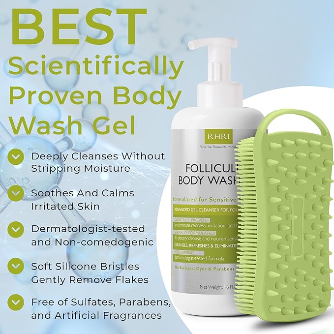 Folliculitis Treatment Folliculitis Body Wash Sensitive Skin | Gel Cleanser for Redness &amp Irritation with No Sulfates Dyes or Parabens | Body Wash Includes Bonus Scrubber Brush