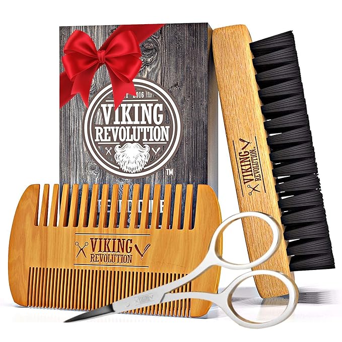 Viking Revolution Natural Boar Bristle Brush and Pear Wood Comb Set for Men Sandalwood Beard Oil and Spiced vanilla Beard Balm with Argan and Jojoba Oil - Beard Softener Strengthens and Moisturizes