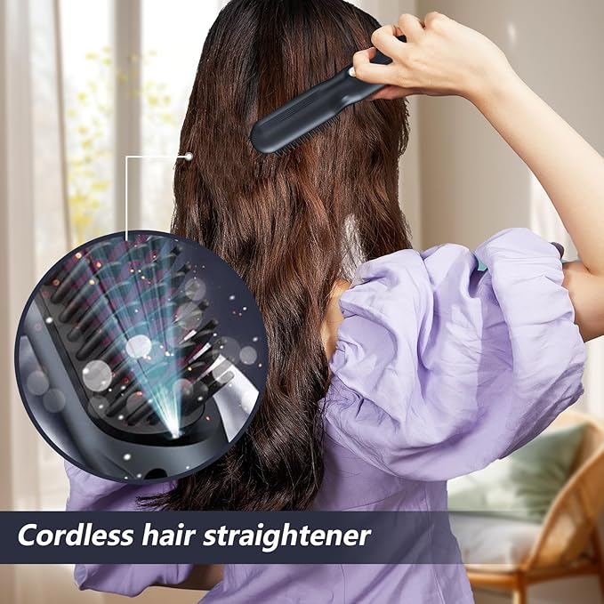 Straightener Brush - ABS Hair Brush | Rechargeable with 3 Temps Hair Comb 3600 MAh Negative Ion Hot Brushes for Women Volumizing Frizz Control Home Travel Party Wedding Birthday Christmas