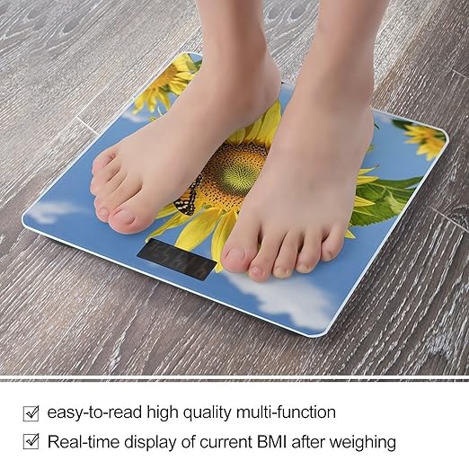 Sunflower and Butterfly Bathroom Scale for Body Weight Bathroom Weighing Scales with Back Lit LED Display Sturdy Tempered Glass Body Weight Bathroom Scale 400lb Weighing