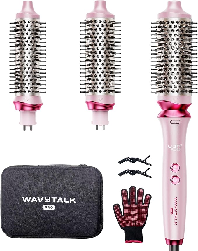 Wavytalk Heatwave Pro Ionic Thermal Brush Set 3-Size Heated Round Brush for Short to Long Hair Bilateral Negative Ions for Frizz-Free Shiny Blowout Pink