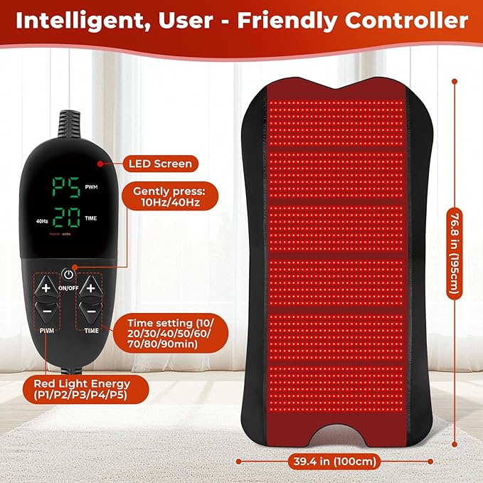 Red Light Therapy Mat for Body 76.8x 39.4 Red Light Therapy Pad with Controller 1260pcs 2 in 1 LEDs (660nm &amp 850nm) Adjustable Timer &amp Intensity