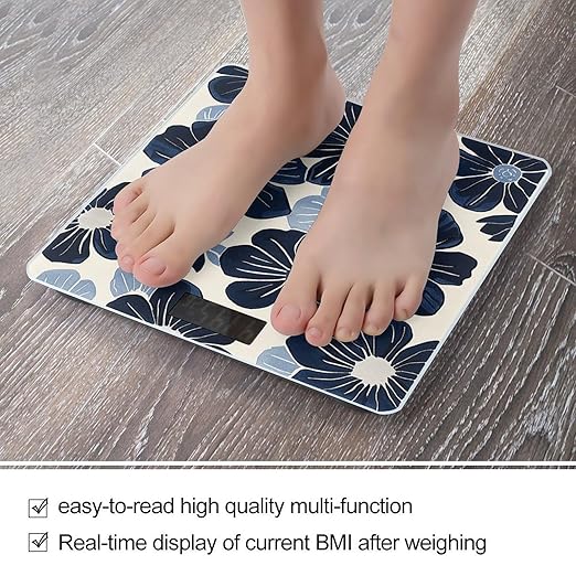Navy Blue Flowers Scale for Body Weight Sturdy Tempered Glass Weighing Scales with LCD Display Accurate Digital Bathroom Scale Convenient Body Fat Smart Scales Easy Read