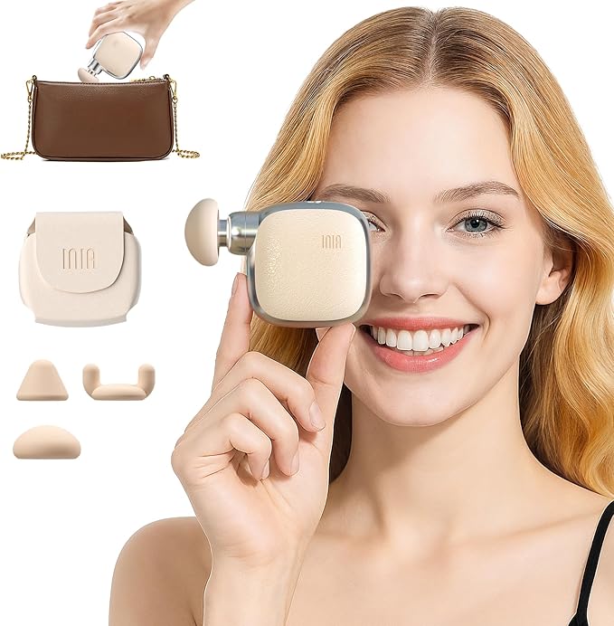 INIA PocketForce Mini Massage Gun - 75% Smaller High-Power Percussion for Full Body Relief Portable Deep Tissue Massager Gun with Leather Case &amp 3 Heads for Travel &amp Office Use Gifts for Me