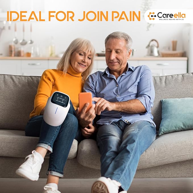 Careella Advanced Wireless Knee Massager – Heated &amp Rechargeable Pad with Smart Vibration Cordless Comfort Device &amp Gentle Light for Knees &amp Joints - XL Size Adjustable Brace - Portable R