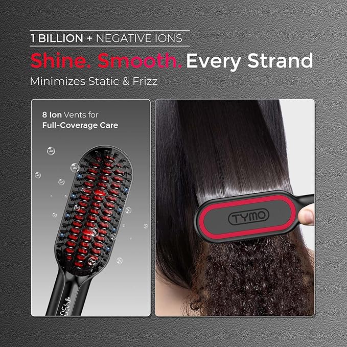 TYMO Hair Straightener Brush - Upgraded Ionic Compact Straightening Brush for Women with Wave-Design Bristles Fast Smooth Styling Lightweight Hot Comb &amp Travel Flat Iron 1 Billion Ions Black