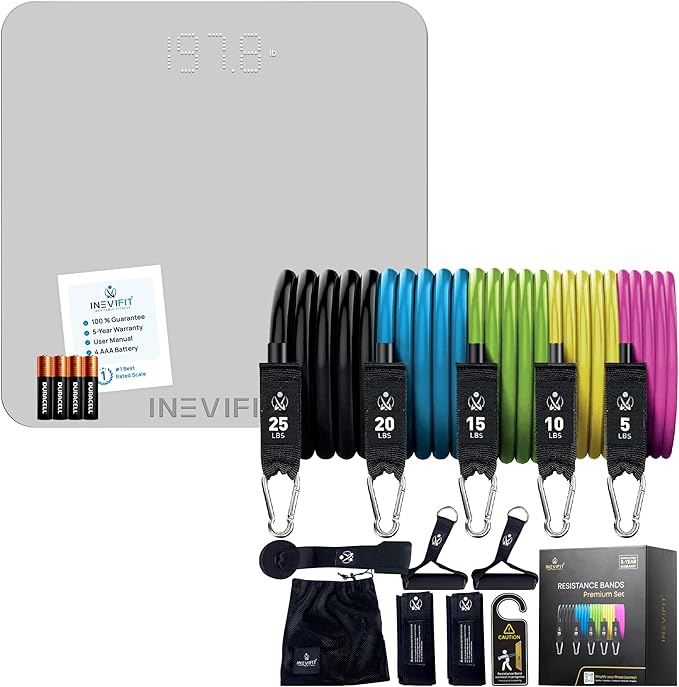 INEVIFIT Home Fitness Bundle. Premium Bathroom Scale &amp 150 LBS Resistance Band Set for Strength Training