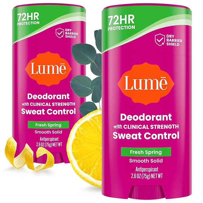 Lume Deodorant Plus Sweat Control - Smooth Solid Stick - Maximum Strength Antiperspirant - 72 Hour Odor And Sweat Control - Baking Soda Free Skin Loving - 2.6 ounce (Fresh Spring) Pack of 2