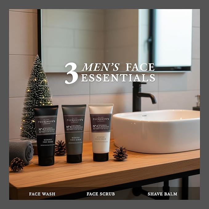 Pecksniff’s Men’s Trio Face Collection – Bourbon &amp Mandarin – Face Wash Face Scrub &amp Shave Balm Gift Set 3 x 75ml