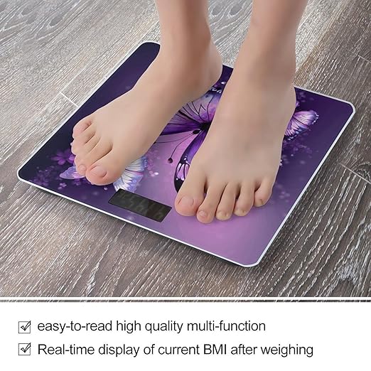 Beautiful Purple Butterfly Art Scale for Body Weight Safe Rounded Corners Tempered Glass Digital Bathroom Scale LED Display 400lb Capacity Weight Scales with High Precision Sensors