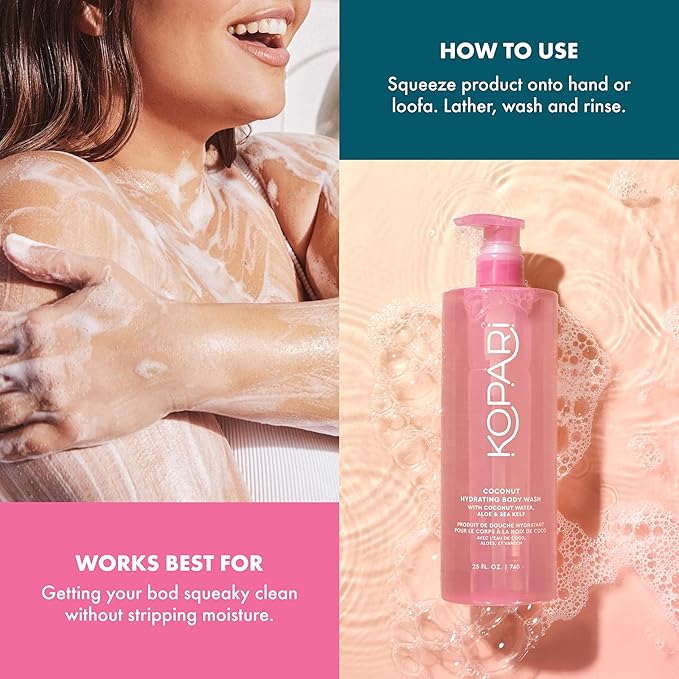 Kopari Jumbo Coconut Hydrating Body Wash with Organic Coconut Water Sea Kelp and Aloe Vera Luxurious Gel to Foam Sweet Coconut &amp Vanilla 25 oz