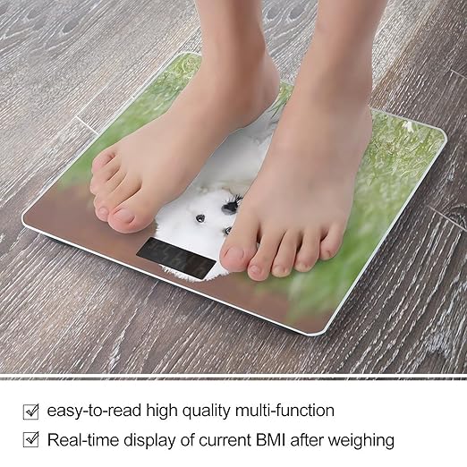Bichon Frise Dog Scale for Body Weight Anti-Slip Tempered Glass Digital Bathroom Scales Clear LCD Display Weighing Scale Safe Rounded Corners Smart Scales