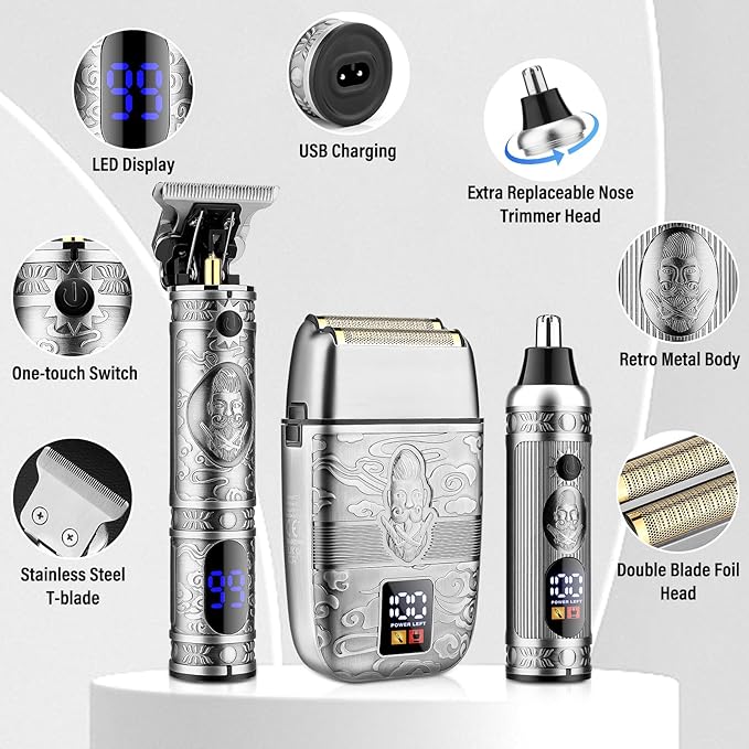Professional Hair Trimmer Hair Clippers for Men Nose Hair Trimmer Shaver SetCordless T-Blade Beard Trimmer Barber ClippersElectric Razor Foil Shavers for Men Haircut Grooming Kit(Silver)