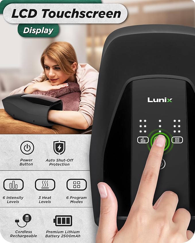 Lunix LX29 FSA Hand Massager Heat &amp Air Compression for Arthritis &amp Carpal Tunnel Relief Hand &amp Wrist Pain Relief Cordless Rechargeable Charcoal Black