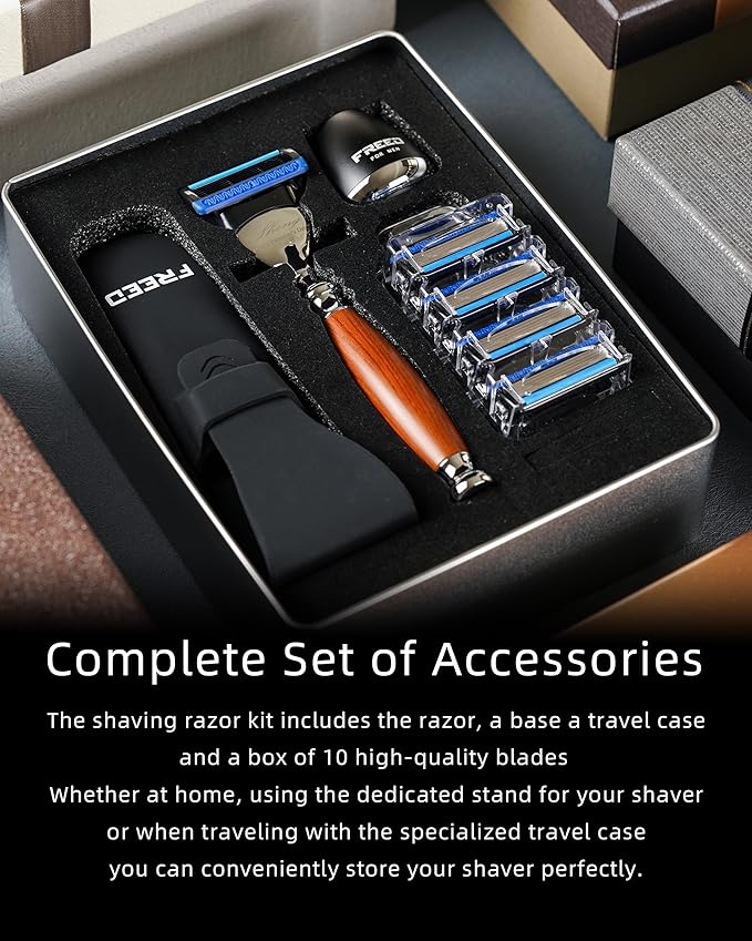 FREED Customized gifts Engraving Shaving Kit - Safety Razor with metal handle include razor base razor travel case and 5 Razor Blade Refillsit's the best gift for men (Nut Brown)