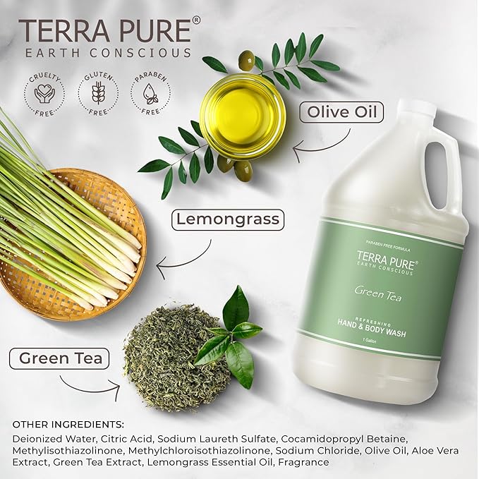 Terra Pure Hotel Hand &amp Body Wash Soap | Four Gallons | Designed to Refill Soap Dispensers (Set of 4)