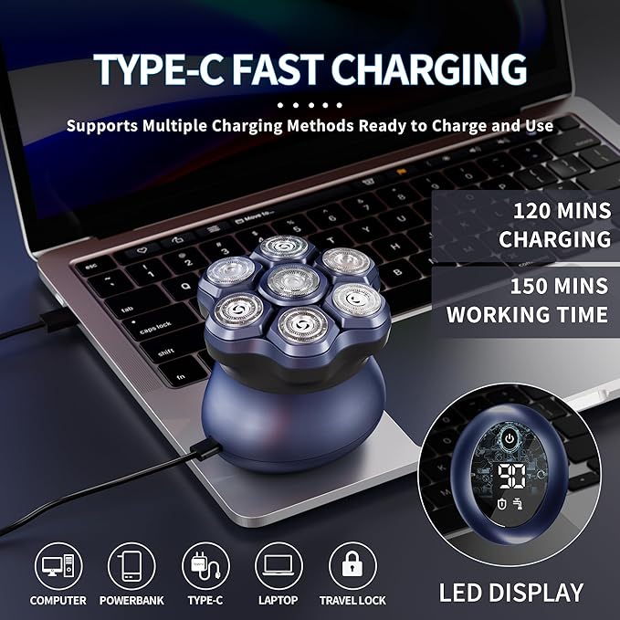 Upgraded 7D Head shavers for Bald MenBald Head Electric RazorsWaterproof Dry Wet Rotary Shavers/Razor for Balder with an Extra agnetic Head（Blue）
