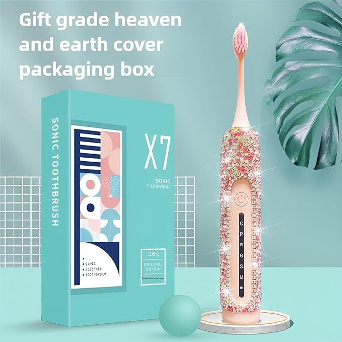 Electric Toothbrush for Woman Bling Diamond Decor Portable Travel Essentials for Couple Gifts Toothbrush with 3 Replacement Heads 6 Modes（Pink &amp Black