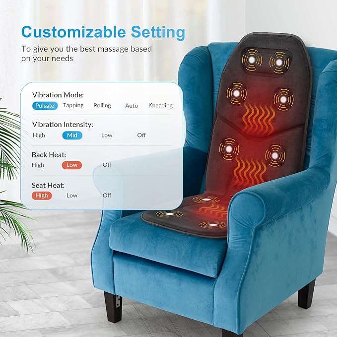 COMFIER Back Massager with Heat App Control Vibration Massage Seat Cushion 10 Motors &amp 3 Heat Levels Chair Massager Pad Gifts for MomDad Home Office UseBlack