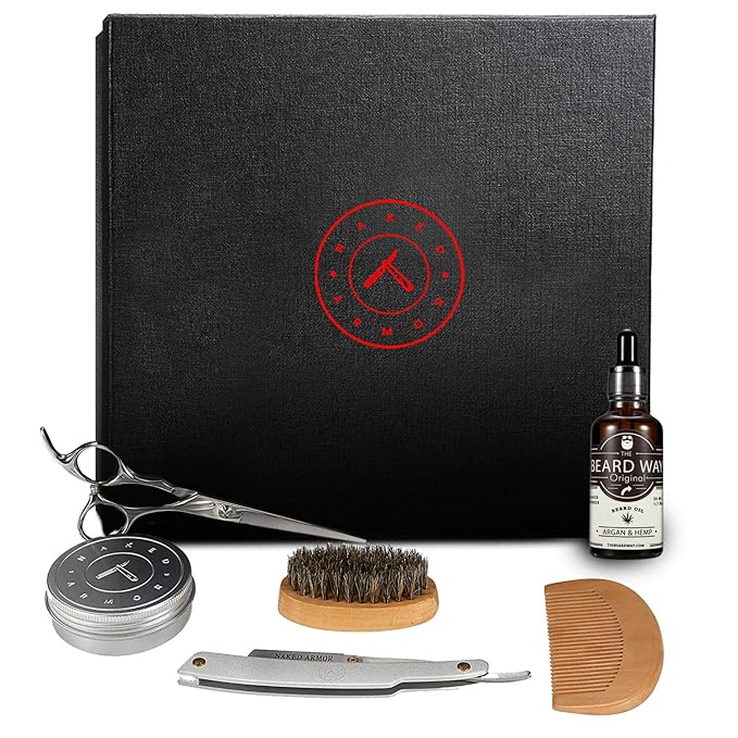 Shavette Straight Razor Kit - Kit with Shavette Straight Razor Hemp Pre-Shave Oil Stainless Steel Scissors Skin &amp Aftershave Balm Bamboo Beard &amp Mustache Comb &amp Brush Grooming Care Ki