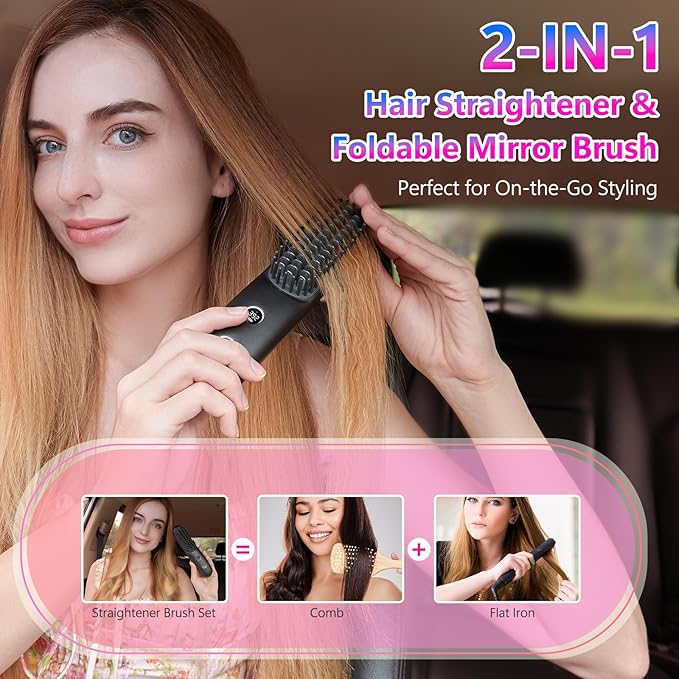 LCD Screen Cordless Hair Straightener and Curler 2 in 1 Rechargeable Portable Mini Travel Negative Ionic Hair Straightening Brush for Women Fast Heating Hot Comb for Women Black