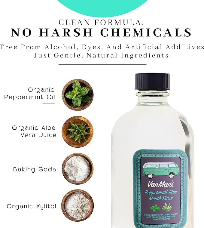 Vanman's - Oral Mouth Care Kit with Powder Toothpaste (2.2 Ounce) and Two Oral Rinse Mouthwash (8.8 Ounce) - Aloe Mint Remineralizing Mouthwash and Tooth Powder with Coconut Charcoal Egg Shell