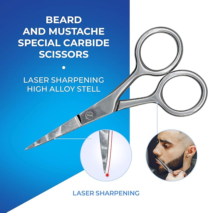 Beard Shaping Kit - Grooming Tools for Men - Adjustable Lineup Template Premium Wooden Comb Laser Sharpening Scissors All in Hygiene Travel Case