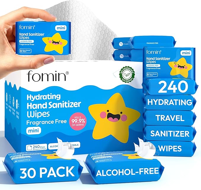 Fomin Mini Hand Sanitizer Wipes 30 Pack (8 Count) - Fragrance Free Mini Wet Wipe - pH Balanced Biodegradable Antibacterial On the Go Hand Sanitizing Wipes - Hypoallergenic Plant-Based Travel Wipe