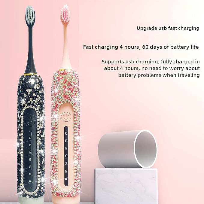 Electric Toothbrush for Woman Black Bling Diamond Decor Everyday Luxury Limited Edition Portable Travel Essentials for Women Black Toothbrush with 3 Replacement Heads 6 Modes