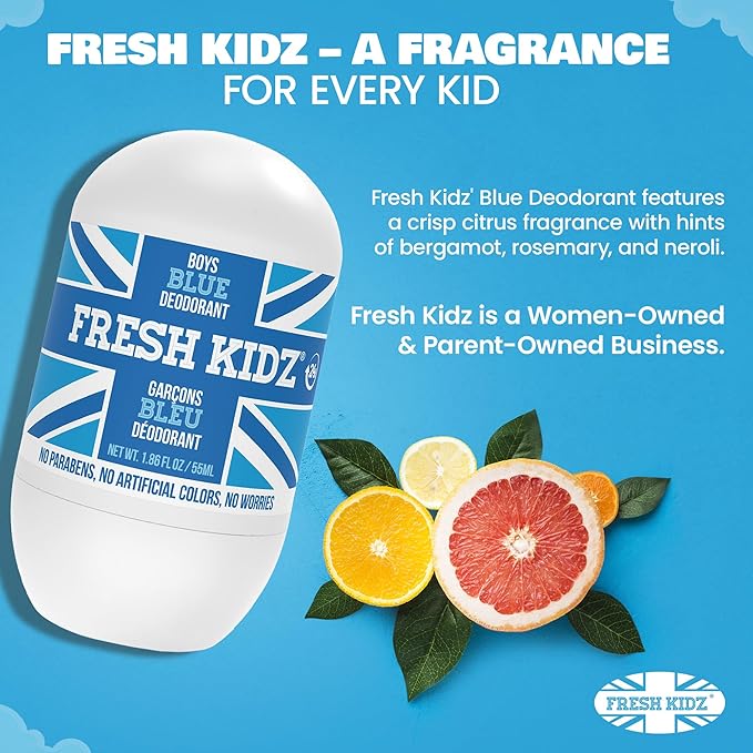 Fresh Kidz Hair &amp Body Wash 16.9 fl.oz. and 2 Roll On Deodorants 1.86 fl.oz. for Kids and Teens - Boys Blue Set