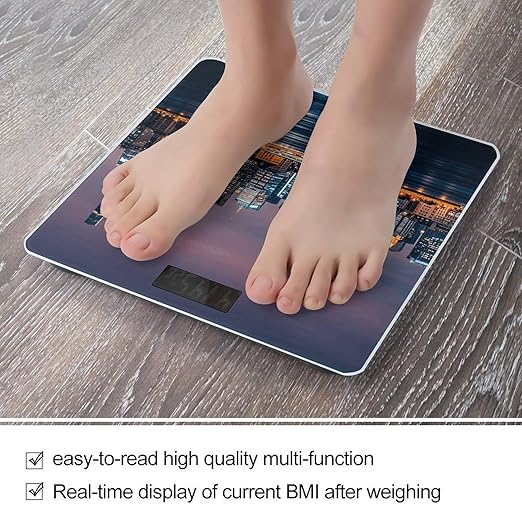 City Picture Night Scale for Body Weight Highly Accurate Digital Bathroom Electronic Weighing Machine for People LCD Display Large Size Tempered Glass for Safe Home Use