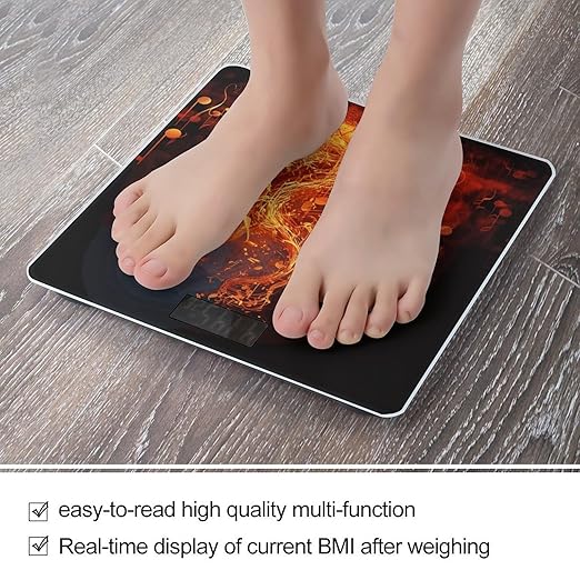 Red Flame Music Note Scale for Body Weight Anti-Slip Digital Bathroom Scale Sturdy Toughened Glass Weighing Scales High Precision Safe Rounded Corners Smart Scales