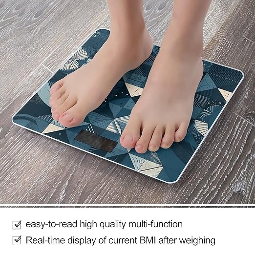 Blue Geometric Pattern Smart Scale for Body Weight Accurate Bathroom Scale with LED Display Digital Weight Scales Weighing Machine High Precision Scales for Bath Home