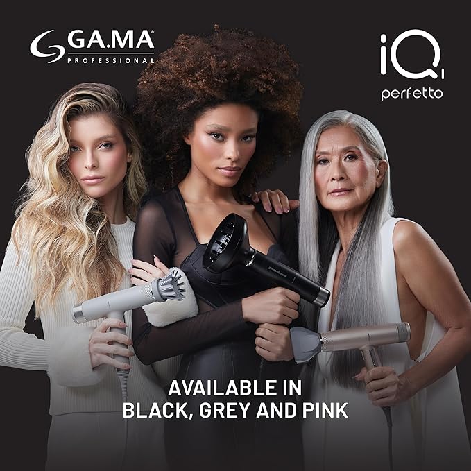 GA.MA iQ1 Perfetto Hair Dryer with 110000 RPM Intelligent Brushless Motor Oxy Active Technology Auto-Clean &amp Washable Filter Includes Diffuser &amp 3 Nozzles Black