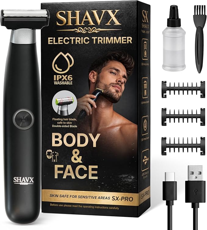 Body Hair Trimmer for Men Electric Shaver for Pubic &amp Groin Hair Ball Groomer Beard Chest Legs Sensitive Areas with Skin-Safe Dual Blades Waterproof Wet-Dry IPX6 Rechargeable USB-C 3 Combs