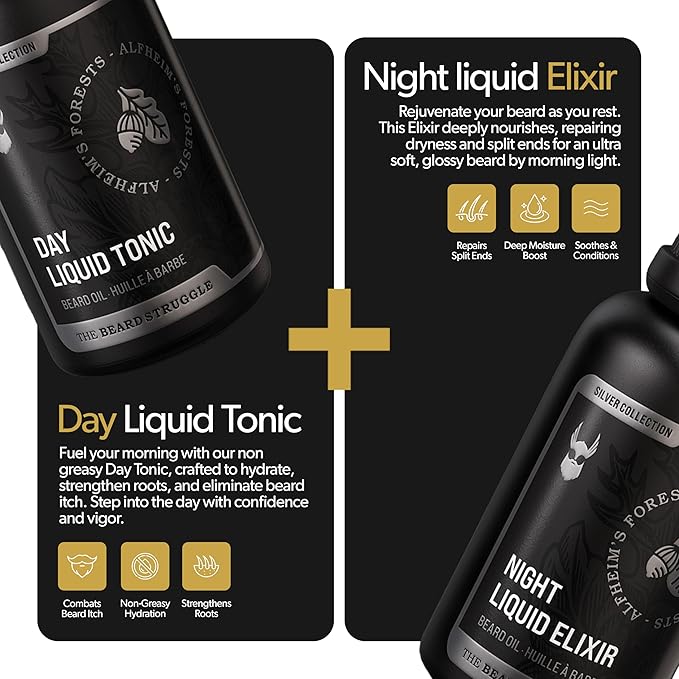 The Beard Struggle Tonic + Elixir Beard Oil Bundle - Silver Collection - Grooming Beard Oil - Softens Moisturizers and Strengthens Beard Growth - Pack of 2 Alfheim's Forests