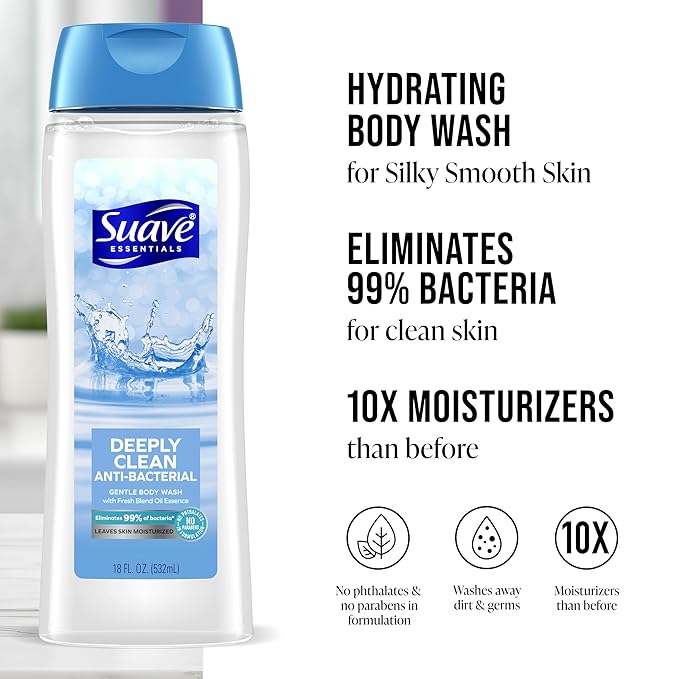Suave Deeply Clean Antibacterial Body Wash with Glycerin &amp Vitamin E Moisturizing Skin Cleanser For Soft Smooth Skin Long Lasting Scent Paraben Free 18 FL OZ 6 Count