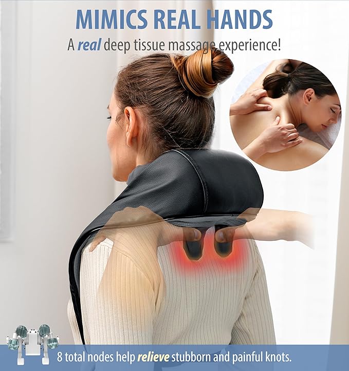 Zyllion Cordless Neck and Shoulder Massager with Heat - 4D Rechargeable Electric Shiatsu Kneading Deep Tissue Massage for Back and Muscle Pain Relief Black ZMA-36