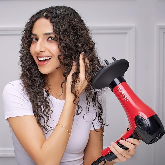 KISS 1875 Watt Pro Tourmaline Ceramic Hair Dryer Styling Edition 3 Heat Settings 2 Speed Settings Cool Shot Button 7 Blow Dryer Accessories Included 2-Year Warranty - Red