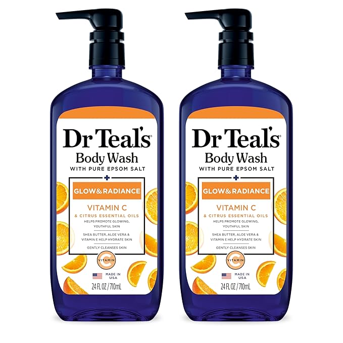 Dr Teal's Body Wash &amp Sugar Scrub Bundle with Epsom Salt Vitamin C &amp Essential Oils 24oz Body Wash (Pack of 2) &amp 19oz Sugar Scrub (Pack of 2)