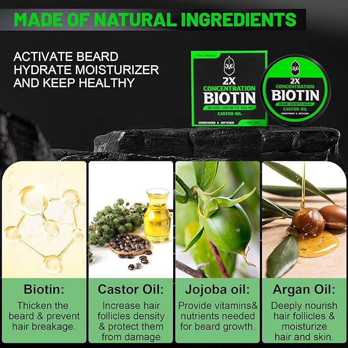 Beard Balm 2X Thickening Biotin with Castor Oil and Argan &amp Jojoba Oils Promotes Beard Growth Styles Strengthens &amp Softens Beards &amp Mustaches 2 Ounce Vanilla Cedar Orange | Thicke