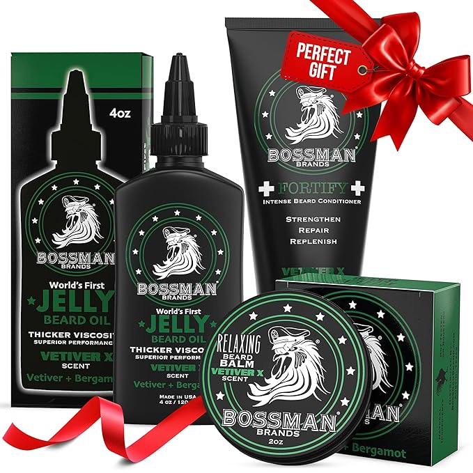Bossman Essentials Beard Kit for Men Set of 3 - Beard Oil Jelly Fortifying Conditioner Cream Beard Balm - Grooming Growth Care Accessories - Gift Set for Men (Vetiver X)