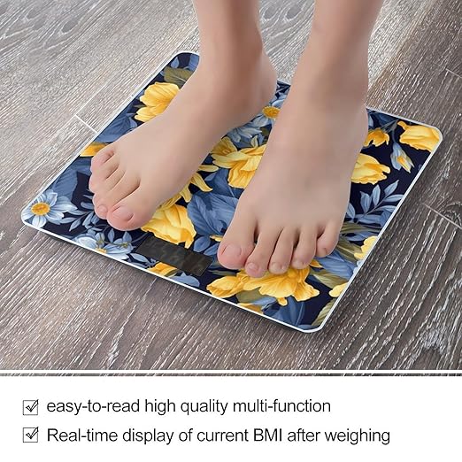 Blue Base Yellow Floral Scale for Body Weight Precision Bathroom Weighing Scales with Back Lit LCD Display Sturdy Tempered Glass Body Weight Scales Digital Bathroom Scale 400lb